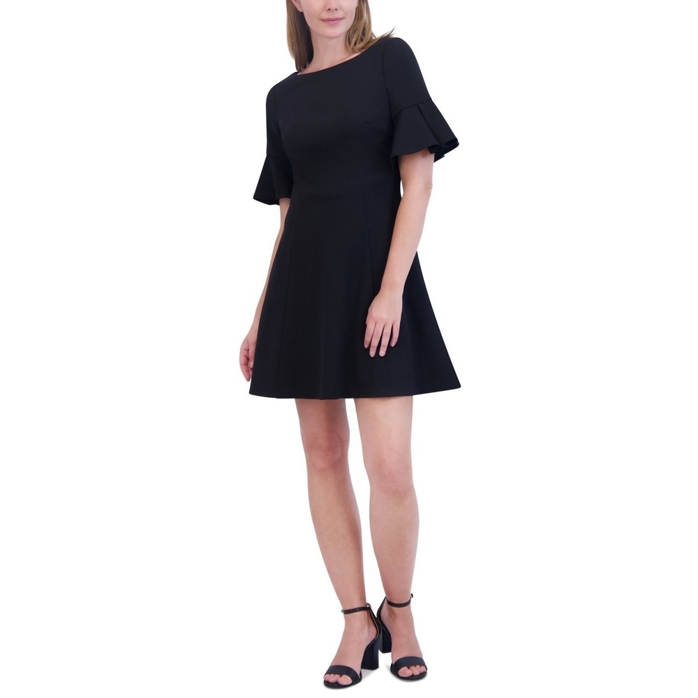 New Jessica Howard Women's 14 Flared-Sleeve Black Scuba Crepe Fit & Flare Dress
